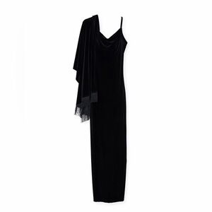 Fashion Bug Black Velvet Maxi Dress & Fringe Shawl Set Size 14